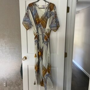 Tory Burch Cream Maxi Dress with Blue and Mustard Print
